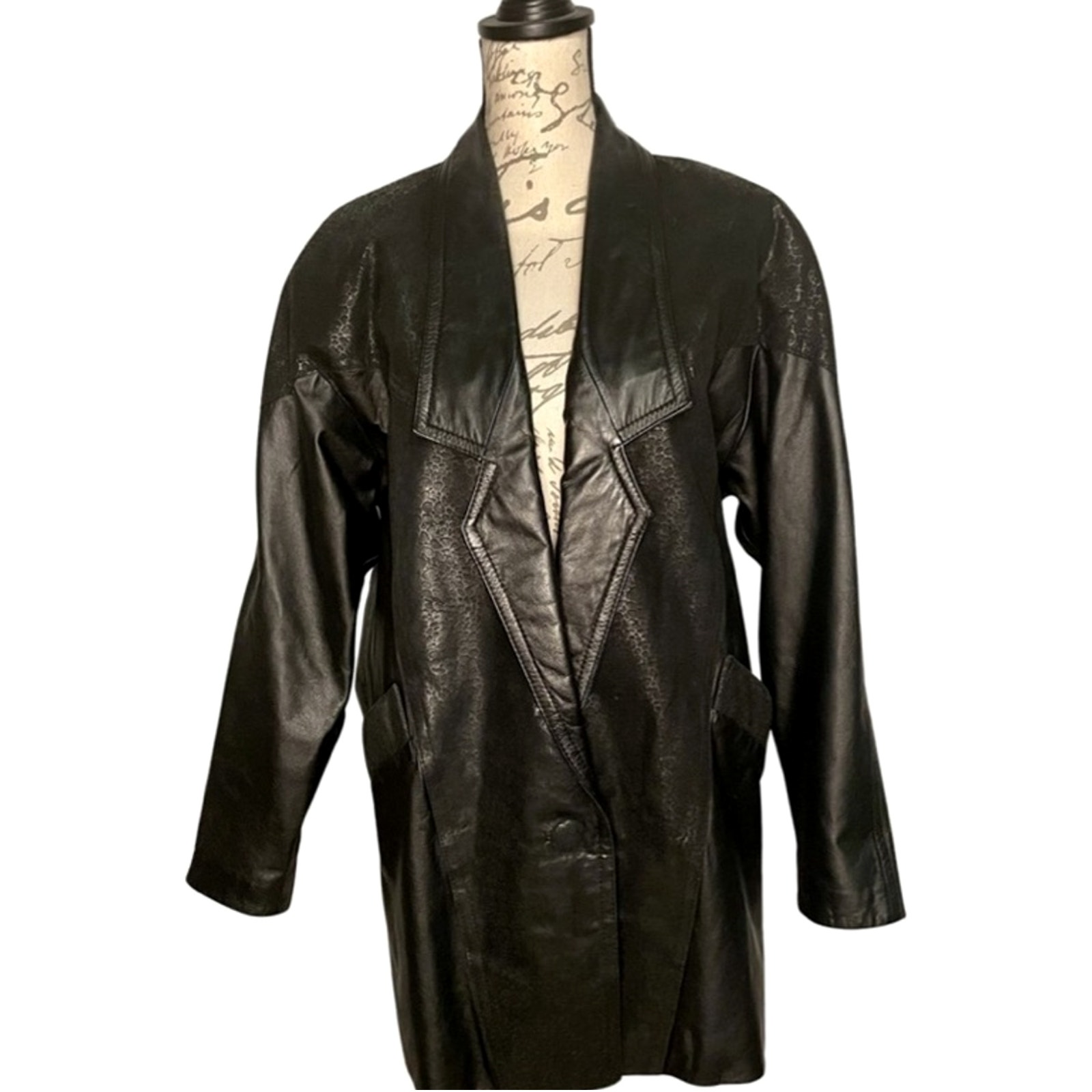 Vintage Black Oversized Leather Jacket Suede Animal Print Contrast Size Small